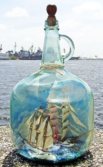 Ship in a jug by Skip Jack. Boat In A Bottle, Ship In Bottle, Wooden Things, Pinterest Guide, Model Ship Building, Ship Building, Pirate Queen, Maritime Art, Decorated Bottle