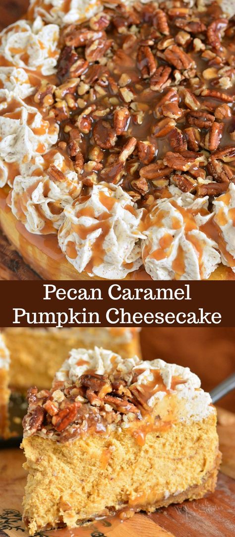 Pecan Caramel Pumpkin Cheesecake. Silky pumpkin cheesecake made with layers of caramel topping, pecan flavored crust, pecan buttercream frosting, and some more caramel and nuts on top. Beautiful fall dessert for your holiday dinner. #cheesecake #Pumpkincheesecake #pecan #buttercream #dessert #falldesserts #caramel Pecan Buttercream Frosting, Caramel Pumpkin Cheesecake, Cheesecake Pecan, Pumpkin Pecan Cheesecake, Caramel Pumpkin, Recipes Cheesecake, Pecan Cheesecake, Pumpkin Cheesecake Recipes, Pumpkin Recipes Dessert