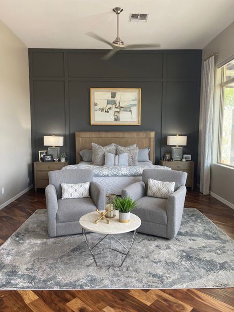 Dark Focal Wall Bedroom, Gauntlet Gray Accent Wall Master Bedrooms, Charcoal Master Bedrooms Decor, Board And Batten Wall Iron Ore, Charcoal Bedroom Accent Wall, Iron Ore Master Accent Wall, Charcoal Feature Wall Bedroom, Peppercorn Bedroom Accent Wall, Sw Peppercorn Accent Wall Bedroom