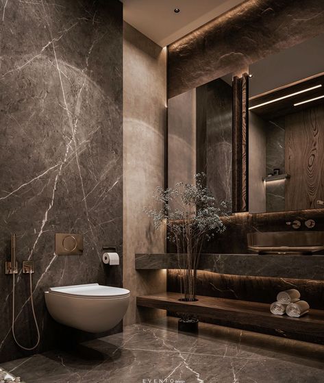 Brown Marble Bathroom Ideas, Luxury Toilet Design Modern, Marble And Dark Wood Bathroom, Bathroom Ideas Dark Marble, Dark Marble Bathroom, Chocolate Bathroom, Dream Bathrooms Luxury Modern, Hotel Bathroom Design Luxury, Dark Theme Washroom