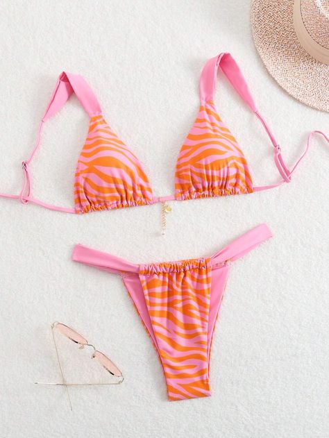 SHEIN Swim Women Summer Beach Simple And Fashionable Zebra Print Vacation Bikini Set, Random PrintI discovered amazing products on SHEIN.com, come check them out! Checkered Print, Zebra Print, Amazing Products, Summer Beach, Pink And Orange, Cute Outfits, Orange, Pink, Quick Saves