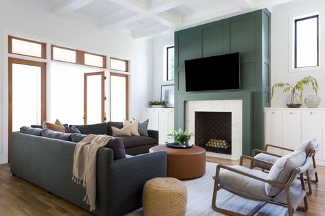 Green Fireplace, Charcoal Sectional, Boutique Interior Design, Boutique Interior, Livingroom Layout, Fireplace Wall, Room Remodeling, Living Room Sectional, Living Room With Fireplace