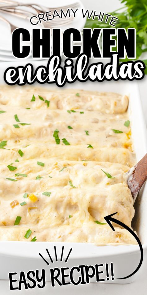 Easy White Chicken Enchiladas are made with flour tortillas, shredded chicken, mozzarella cheese, and a white creamy sauce. This simple casserole dish can be ready in just 40 minutes start to finish, which makes it an easy weeknight dinner. Rostiserie Chicken Enchiladas, Chicken Flour Tortilla Casserole, Chicken And Flour Tortilla Recipes, Shredded Chicken Ideas Dinners, Recipe Using Shredded Chicken, Chicken Enchalidas Recipes, Easy White Chicken Enchiladas, Shredded Chicken Dishes, White Enchiladas