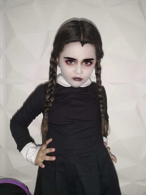 Wednesday Makeup Kids, Wednesday Addams Face Paint, Wednesday Face Paint, Wednesday Addams Makeup Kids, Wednesday Addams Makeup, Halloween Makeup For Kids, Abigail Adams, Wednesday Dress, New Halloween Costumes