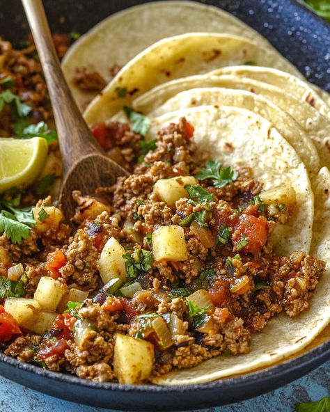 Mexican Picadillo is a savory dish made with ground beef, potatoes, and a delicious blend of spices, including cumin, paprika, and Mexican oregano. It’s hearty, flavorful, and easy to make. ... Read more Easy Dinner Recipes Mexican Authentic, Diced Pork Recipes Mexican, Cuban Beef Picadillo, Mexican Style Recipes, Mexican Ground Turkey Recipes, Central American Food Recipes, Mexican Main Dish Recipes, Mexican Stew Recipes, Ground Pork And Beef Recipes