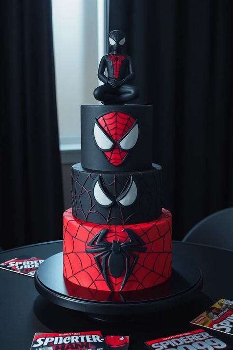 Explore 37 Spider-Man cake ideas perfect for superhero themed parties, featuring unique designs and tasty flavors. This pin highlights a Spider-Verse cake and more. Spiderman Theme Wedding, Birthday Cake For 5 Year Boy, Miles Morales Spiderman Cake, Spider Verse Cake, Descendants Cake Ideas, Spider Man Themed Birthday Party, Spiderman Cake Design, Spider Man Party Ideas, Spider Man Birthday Party Ideas