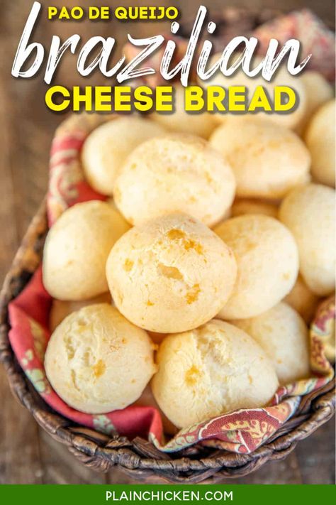 Brazilian Cheese Bread (Pao De Queijo) - tastes just like the fancy Brazilian steakhouse bread! Super easy to make and tastes great! Milk, oil. salt, tapioca flour, parmesan cheese, mozzarella cheese, and eggs. Can use any cheese you prefer. We love this bread with everything - steak, pork, chicken, salad, and soups! #glutenfree #bread #cheesebread #braziliancheesebread Bread Puffs, Steakhouse Bread, Brazilian Food Recipes, Brazilian Breakfast, Brazilian Cheese Bread Recipe, Latin Food Recipes, Brazilian Cheese Bread, Brazilian Steakhouse, Cheese Bread Recipe