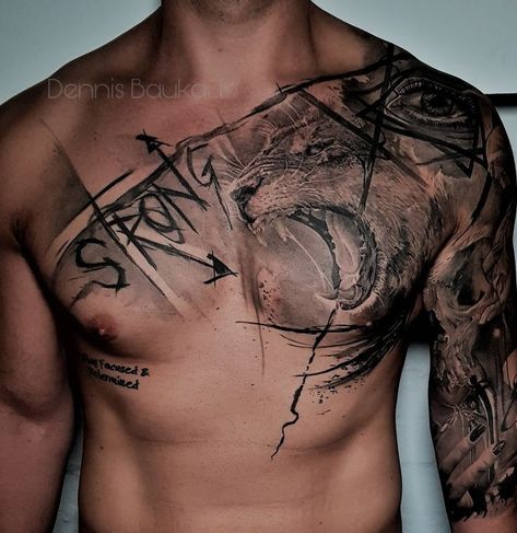 Realistic Shoulder Tattoo Men, Arm Chest Tattoo Men, Chest And Arm Tattoo Men, Strong Tattoos Men, Chest And Shoulder Tattoo For Men, Tattoo Outer Arm, Men’s Shoulder Tattoo, Men’s Chest Tattoos, Man Chest Tattoo