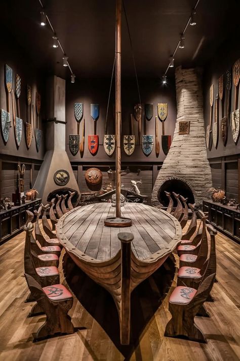 Viking House Interiors, Daycare Room Design, Viking Hall, Viking Longboat, Norwegian Vikings, Viking House, Home Stuff, Viking Decor, Building A Container Home