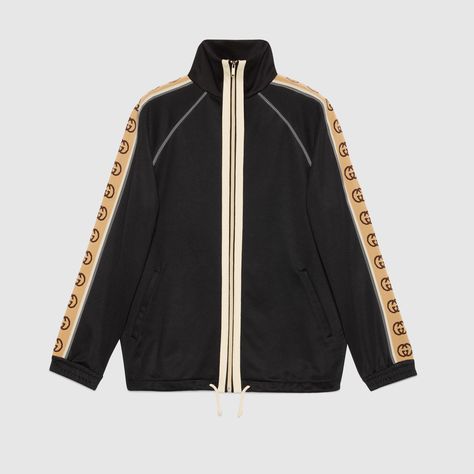 Technical jersey zip-up jacket in ivory and blue | GUCCI® US Tracksuits For Men, Mens Designer Hoodies, Oversize Jacket, Designer Sweatshirts, Jersey Jacket, Striped Jacket, Tracksuit Set, Oversized Jacket, Cotton Polo