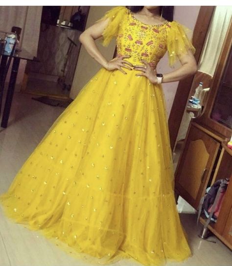 Yellow Frocks For Women Haldi, Yellow Long Frocks For Haldi, Haldi Frock Design, Haldi Dress For Kids, Hands Models For Long Frocks, Langa Jacket Models, Maternity Frocks, Langa Jacket, Hands Models