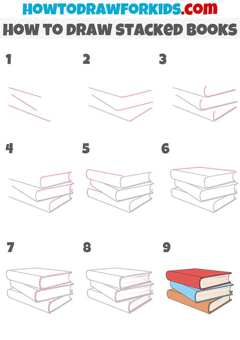 Book Doodle Easy, Easy Books Drawing, How To Draw Bookshelf, Book Spine Drawing, 3d Book Drawing, Book Art Drawings Easy, Book Painting Easy, How To Draw A Book Stack, How To Draw Books On A Shelf