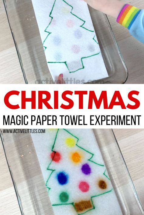 christmas magic paper towel experiment Paper Towel Experiment, Christmas Science Activities, Christmas Stem Activities, Christmas Science Experiments, Nanny Life, Holiday Science, Experiment For Kids, Christmas Science, Christmas Lesson