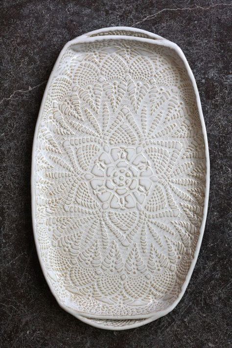 Handmade ceramic platter and trays | Handmade Pottery Tray White Lace Ceramic by FringeandFettle. Love this ... Pottery Tray, Pottery Platter, Sculptures Céramiques, Cerámica Ideas, Pottery Handbuilding, Tanah Liat, Ceramic Platters, Slab Pottery, Ceramic Tray