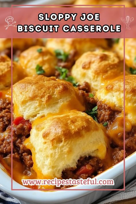 A fun and family-friendly twist on a classic comfort food, this Sloppy Joe Biscuit Casserole combines savory ground beef and tangy sauce with fluffy biscuits and melted cheese, creating a delightful dish that everyone will love. Beefed Up Biscuit Casserole, Ground Beef Bubble Up Recipes, Biscuit Ground Beef Recipe, Hamburger Biscuit Casserole, Sloppy Joe Biscuit Casserole, Ground Beef Biscuit Recipes, Hamburger Biscuits, Beef And Biscuit Recipes, Ground Beef And Biscuit Recipes