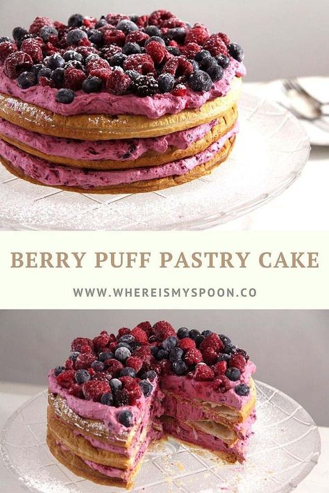 A simple puff pastry cake with berry and heavy cream filling, this pastry cake looks impressive, but is so easy to make. #whereismyspoon #berrycake #puffpastrycake #pastrycake #recipewithpuffpastry #berries Berry Puff Pastry, Recipe With Puff Pastry, Pastry Cake Recipes, Strawberry Puff Pastry, Simple Cake Recipe, Puff Pastry Cake, Puff Dessert, Cake With Berries, Pastries Recipes Dessert