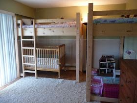 Loft Bed Crib Combo - love the height on the loft! Makes the crib underneath more doable. Bed With Crib, Bunk Bed Crib, Grey Bunk Beds, Toddler Bunk Beds, Diy Bunk Bed, Kids Shared Bedroom, Loft Bunk Beds, Cool Bunk Beds, Bunk Beds With Stairs