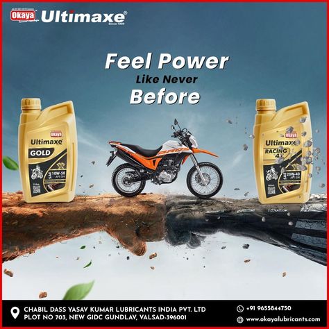 Let's give your vehicle the guaranteed protection for a powerful experience with OKAYA ULTIMAXE 𝐋𝐮𝐛𝐫𝐢𝐜𝐚𝐧𝐭𝐬 even in harsh conditions. OKAYA ULTIMAXE RACER 4T 20W-40 API SM & GOLD 10W-40 API SN are High-performance engine oils for 4-stroke two-wheeled vehicles. This oil is blended from a high viscosity index basestock and contains additives to meet the stated performance criteria. Get more details about our product, connect with us on: 📞 +91 9655844750 🌐 www.okayalubricants.com Car Oil Creative Ads, Engine Oil Creative Ads, Attitude Bio, Posting Ideas, Attitude Bio For Instagram, Diy Logo, Performance Engines, Logo Diy, Motorcycle Engine