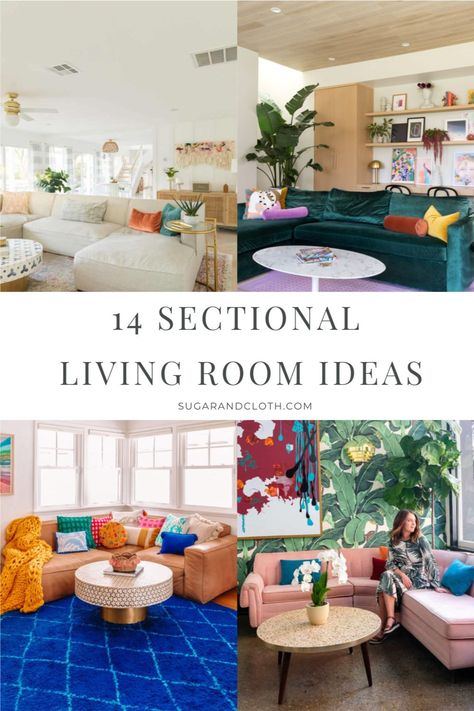 Window Behind Sectional, Pictures Of Sectional Sofas, Sectional Couch Styling, Lamp With Sectional Couch, How To Decorate A Sectional Couch, Sectional In Bay Window, Boho Living Room With Sectional, Living Room Set Up Ideas With Sectional, Sectional In Awkward Living Room