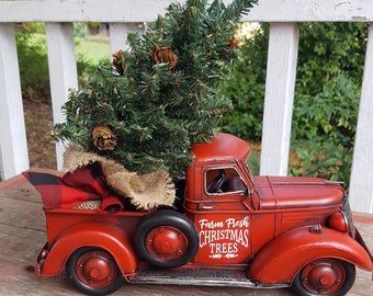 Table Top Fireplace, Truck Christmas Decor, Old Red Truck, Christmas Decor Red, Farmhouse Truck, Red Truck Decor, Farm Fresh Christmas Trees, Truck Decor, Chirstmas Decor