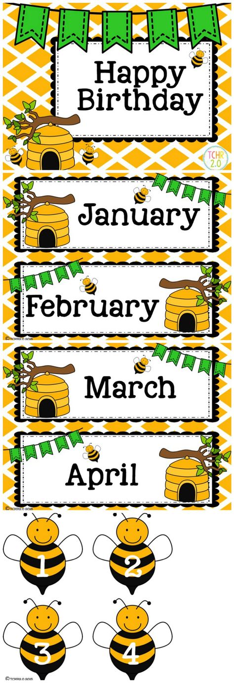 Bee Display Board, Birthday Bees Classroom, Bee Bulletin Board Ideas, Bee Theme Birthday Board, Bee Numbers, Bee Birthday Chart, Months Of The Year, Bee Birthday Chart Classroom, Bee Clock For Classroom