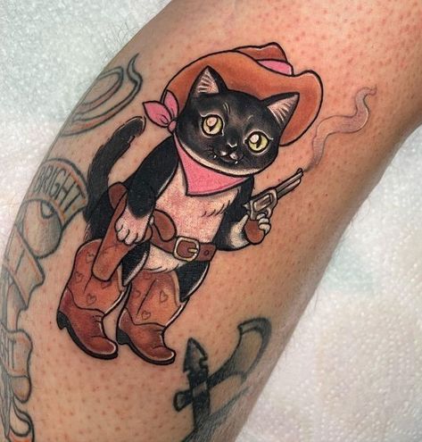 Cowboy Cat Tattoo, Traditional Western Tattoo, 4 Bratz, Traditional Tattoo Prints, Cowboy Hat Tattoo, Friendship Circle, Trippy Tattoo, Hat Tattoo, Cow Tattoo