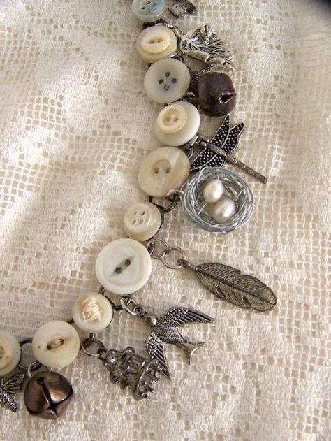 Vintage Button Bouquet and Button Art Antique Charm Bracelet, Charm Bracelet Vintage, Vintage Charm Bracelet, Button Bracelet, Repurposed Jewelry, Button Art, Button Jewelry, Upcycled Jewelry, Button Crafts