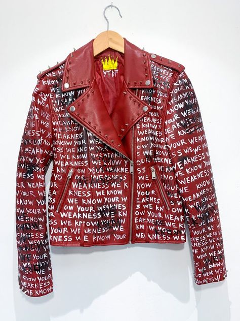 New Handmade Burgundy Leather hand painted leather Stylish Punk Rocker Biker Leather Jacket jacket - TheLeatherAble Hand Painted Leather Jacket, Painted Leather Jacket, Jacket Diy, Studded Leather Jacket, Upcycle Clothes Diy, Biker Leather Jacket, Painted Jacket, Studded Jacket, New Jacket