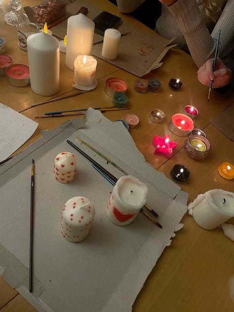 Diy Valentines Date Night At Home, Aesthetic Activities At Home, At Home Dates Aesthetic, Birthday Activity Ideas At Home, Date Night In Aesthetic, Candles Aesthetic Making, Painted Candles Aesthetic, Activities For Friends At Home, Candle Decorating Party