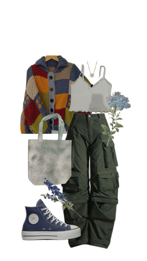 Cargo pants and colorful sweater with floral elements Fall Outfits Cargo Pants, Light Green Cargo Pants Outfit, Light Green Cargo Pants, Outfits Cargo Pants, Green Cargo Pants Outfit, Outfits Cargo, Green Pants Outfit, Baggy Jeans Outfit, Outfits Baggy