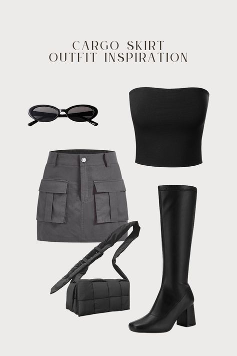 Cargo skirt outfit with black tube top, black knee high gogo boots, 90's style black sunglasses, and Bottega Veneta Tech Cassette-style bag. #cargoskirt #kneehighboots #highboots #bottegadupe #bottegacassette #techcassette #90sfashion Black Tube Skirt Outfit, Black Cargo Skirt Outfit, Tube Skirt Outfit, Black Tube Skirt, Skirt Outfit Inspiration, Cargo Skirt Outfit, Aesthetic Sunglasses, Tube Top Black, 90's Aesthetic