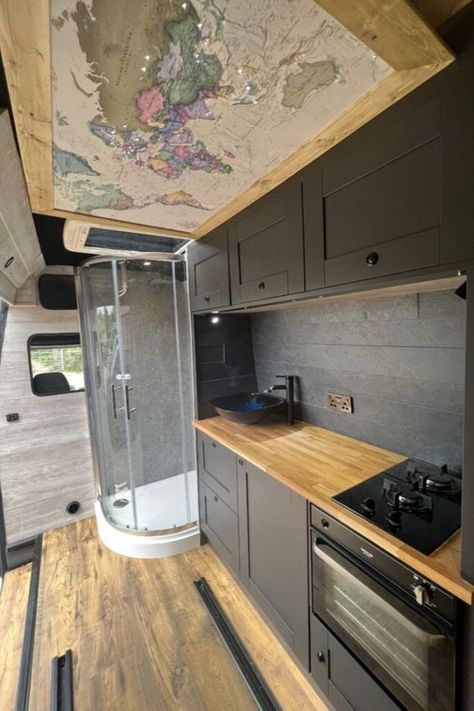 These vans base model empty shell start at £25-30k for a 2016/2017 due to the additional height and length- allowing for bunk beds-and rear garage and have been very hard to find. Fully off-grid Campervan with shower-toilet electrics, and solar panels. £6000 worth of batteries and charge facility. Can be off hook up for over 2 weeks. This is Set up for a full live in van life vehicle. #vanconversion #vanlife #campervan #homeiswhereyouparkit #vanlifediaries #homeonwheels #camper #vanlifers Vans With Showers, Camper Van With Shower And Toilet, Live In Van, Camp Layout, Stealth Camper Van, Camper Van Shower, Camper Van Kitchen, Caravan Living, Kitchen Plinth