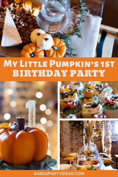 Kara's Party Ideas My Little Pumpkin's 1st Birthday Party | Kara's Party Ideas 1sr Birthday Food Ideas, Fall Birthday Menu Ideas, Harvest Theme Birthday Party, Autumn One Year Birthday Party, Pumpkin Party Food 1st Birthdays, Pumpkin Bday Party Ideas, Lil Pumpkin Birthday Party, Cutest Pumpkin In The Patch Birthday, Halloween Birthday Party For One Year Old