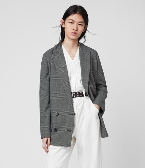 ALLSAINTS US: Womens Helei Check Blazer (charcoal_grey) Biker Hoodie, Check Blazer, Latest Smartphones, Blazer Outfit, Pleated Sleeves, Glen Plaid, Checked Blazer, Denim Maxi Skirt, Fashion Face Mask