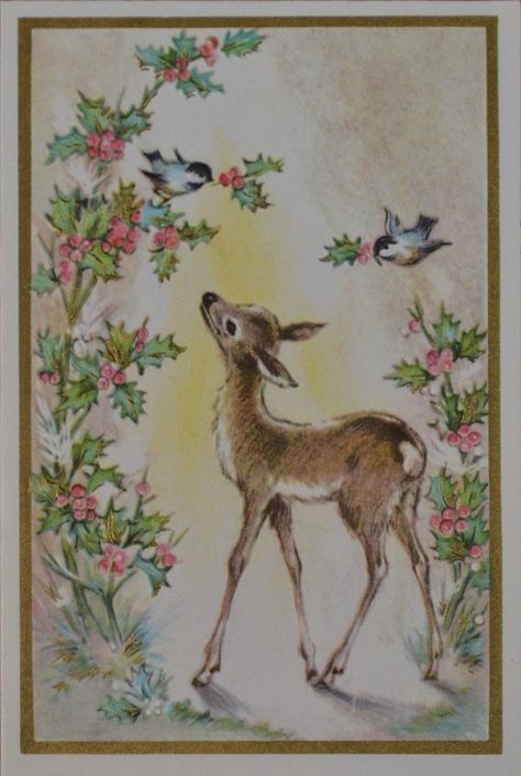 Deer Christmas Cards, Deer Illustration, Deer Fawn, Pink Xmas, Vintage Christmas Images, Vintage Deer, Holly Berry, Old Christmas, A Deer