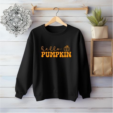 Hello Pumpkin fall unisex crewneck sweatshirt, black with orange writing. Hello Pumpkin, Pumpkin Fall, Transfer Vinyl, I'm Happy, Heat Transfer Vinyl, Fall Pumpkins, Heat Transfer, Crewneck Sweatshirt, Crew Neck Sweatshirt