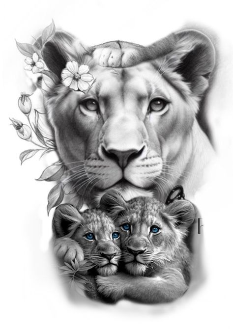 Lioness And Cub Tattoo, Lioness Tattoo Design, Harmony Tattoo, Lioness And Cubs, Cubs Tattoo, Unique Butterfly Tattoos, Lioness Tattoo, Lion Tattoo Sleeves, Animal Tattoo Ideas