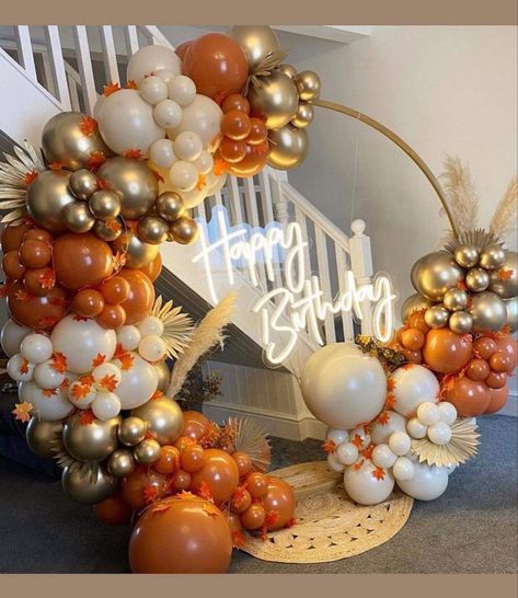 Orange And Gold Dessert Table, Diy Balloon Arch Backdrop, Pedestal Table Decor, Fall Birthday Decor, White Balloon Garland, Orange Birthday, Orange Balloons, Balloon Arrangements, Birthday Party Theme Decorations