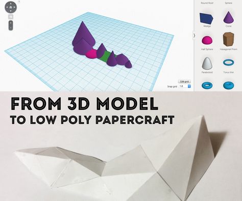 Materials:PaperPrinterGlue/tapeScissors/Exacto knifeComputer with Internet accessSoftware: Tinkercad (online) and 123d Make (free download)Someone on Reddit posted a question about how to make low poly papercrafts. Their example was of a mountain range. For the purposes of this Instructable, I'm going with super simple everyday materials and free, simple to use software. This is a very basic prototype that shows technique and took me about an hour total from 3d modeling to final product.I be... Low Poly Papercraft, Small Crafts, Low Poly Art, Cardboard Paper, Art Template, Diy Creative Crafts, 3d Paper, Paper Models, Paper Sculpture