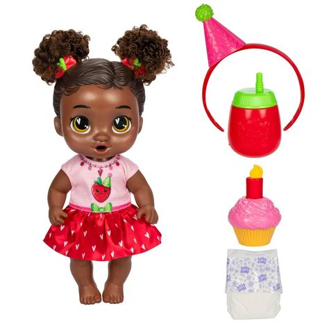 Berry Boo can't wait to celebrate her first birthday with the Birthday Bestie set! Kids can play pretend and host their own make believe parties again and again with this Baby Alive doll playset. Get her party ready with the hat/headband to go with her adorably fashionable outfit. Kids will also love to blow out the candle on the cupcake toy that they can reset to play over and over. Give her a juice box break and she'll really drink water, but don't forget to change her diaper when she wets! If Baby Doll, Cupcake Toy, Baby Alive Food, Baby Doll Set, Baby Alive Doll Clothes, Baby Alive Dolls, Baby Doll Accessories, Birthday Toys, Diy Gifts For Kids