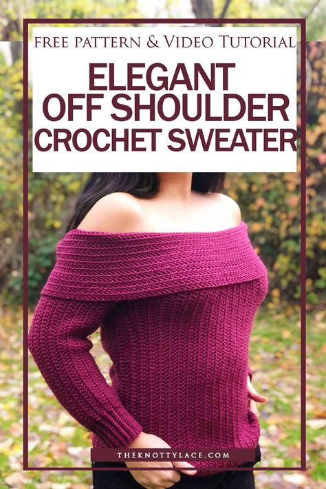 An elegant off the shoulder sweater that is perfect for any holiday or that special occasion. This pattern is flexibly written where it can be measured along as you go and it also comes with a step by step video tutorial. Crochet Off Shoulder Sweater Pattern Free, Off Shoulder Crochet, Free Crochet Sweater, Wearable Crochet, Crochet Jackets, Crochet Shirts, Crochet Diaper Cover, Crochet Pullover, Knit Items