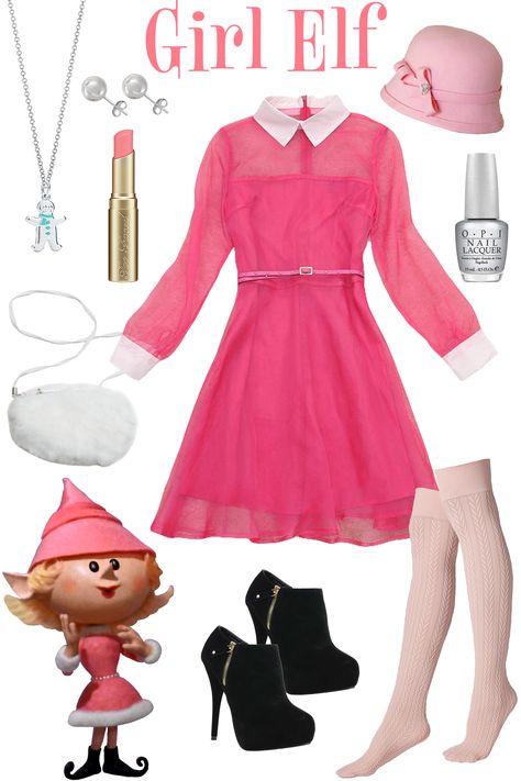 Pretty in pink!  Fashion inspired by Girl Elf.  #Rudolph Pink Christmas Elf Costume, Elf Dress Up Day At School, Dress Like An Elf Day At School, Elf Day At School Outfit, Pretty In Pink Fashion, Rudolph Costume, Diy Elf Costume, Diy Christmas Costumes, Whoville Costumes