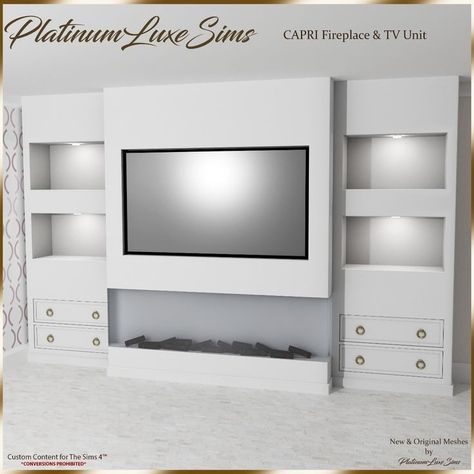 CAPRI Fireplace & TV Unit - The Sims 4 Build / Buy - CurseForge Sims 4 Fireplace Patreon, Sims Fireplace, The Sims 4 Tv Cc, Sims 4 Cc Furniture Living Room Tv, Sims 4 Television Cc, Sims 4 Tv Stand, Sims 4 Cc Tv Stand, Fireplace Tv Unit, Sims 4 Fireplace Cc