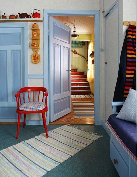 Powder Blue and Poppy Red Rooms: Ideas and Inspiration Blue Room White Trim, Pale Blue And Red Interior, Light Blue And Red Living Room, Red Utility Room, Blue Red Interior Design, Red Painted Room, Light Blue And Red Aesthetic, Blue And Red Room, Red Trim Interior