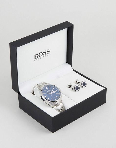 BOSS By Hugo Boss Stainless Steel Watch & Cufflink Gift Set In Blue Personalised Gifts Diy, Watch Cufflinks, Personalized Gifts For Men, Unique Gifts For Him, Presents For Men, Fitness Gifts, Girls Watches, Cufflinks Men, Mens Birthday Gifts