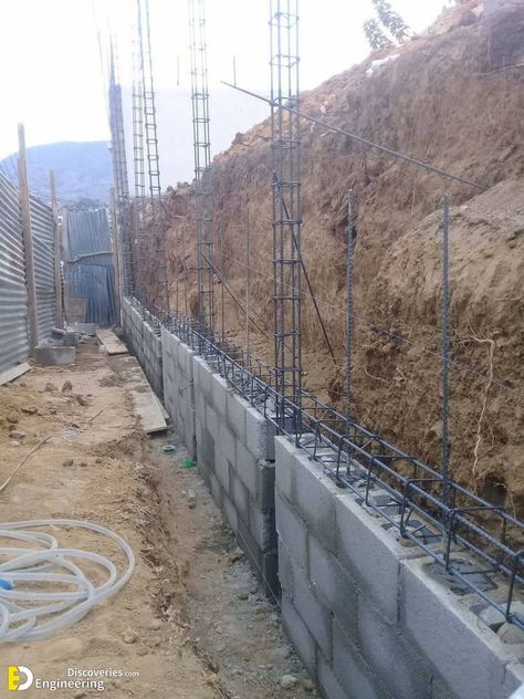 How To Build A Reinforcement Hollow Concrete Block Wall | Engineering Discoveries Concrete Block Retaining Wall, Retaining Wall Blocks, Retaining Wall Design, Evergreen Landscape, Concrete Wall Panels, Compound Wall Design, Concrete Block Walls, Cinder Block Walls, Concrete Retaining Walls