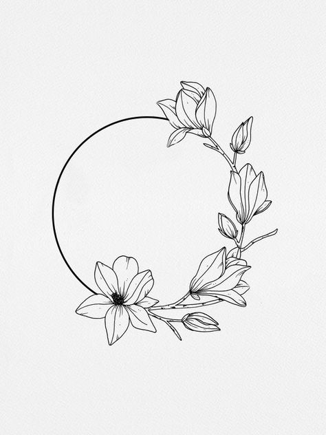 Full Moon Flower Tattoo, Circle With Flowers Drawing, Magnolia Moon Tattoo, Full Moon And Flower Tattoo, Floral Circle Drawing, Flower Circle Drawing, Virgo Tattoo Designs, Wrist Tattoo Ideas, Realistic Tattoo Sleeve