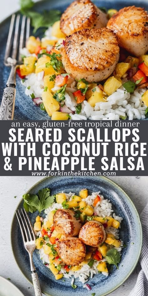 Dairy Free Scallops Recipe, Fish Summer Recipes, Spring Fish Recipes, Thai Scallop Recipes, Summer Scallop Recipe, Tropical Dishes Food, Quick Summer Recipes, Summer Pescatarian Recipes, Gluten Free Spring Recipes