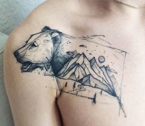 Bear and Landscape tattoo by Kamil Mokot | Post 20489 Alaska Tattoo, Animal Tattoos For Women, Bear Tattoo Designs, Geometric Bear, Bear Tattoos, Landscape Tattoo, Chest Tattoo Men, Bear Tattoo, Landscape Designs