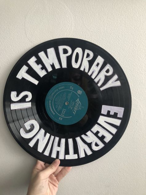 Handpainted vinyl record w/ quote #record #vinyl #paintedrecord #paintedvinyl #paint Things To Paint On Records, Vinyl Record Painting Ideas Easy, Paint On Records, Painting On Records Vinyls, Painted Vinyl Records Wall Art, Disc Aesthetic, Record Painting Ideas Easy, Music Theme Room, Painted Records Vinyl